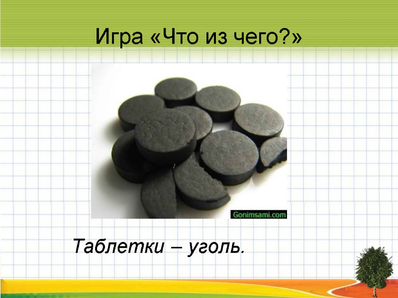 Игра «Что из чего?» Таблетки – уголь.